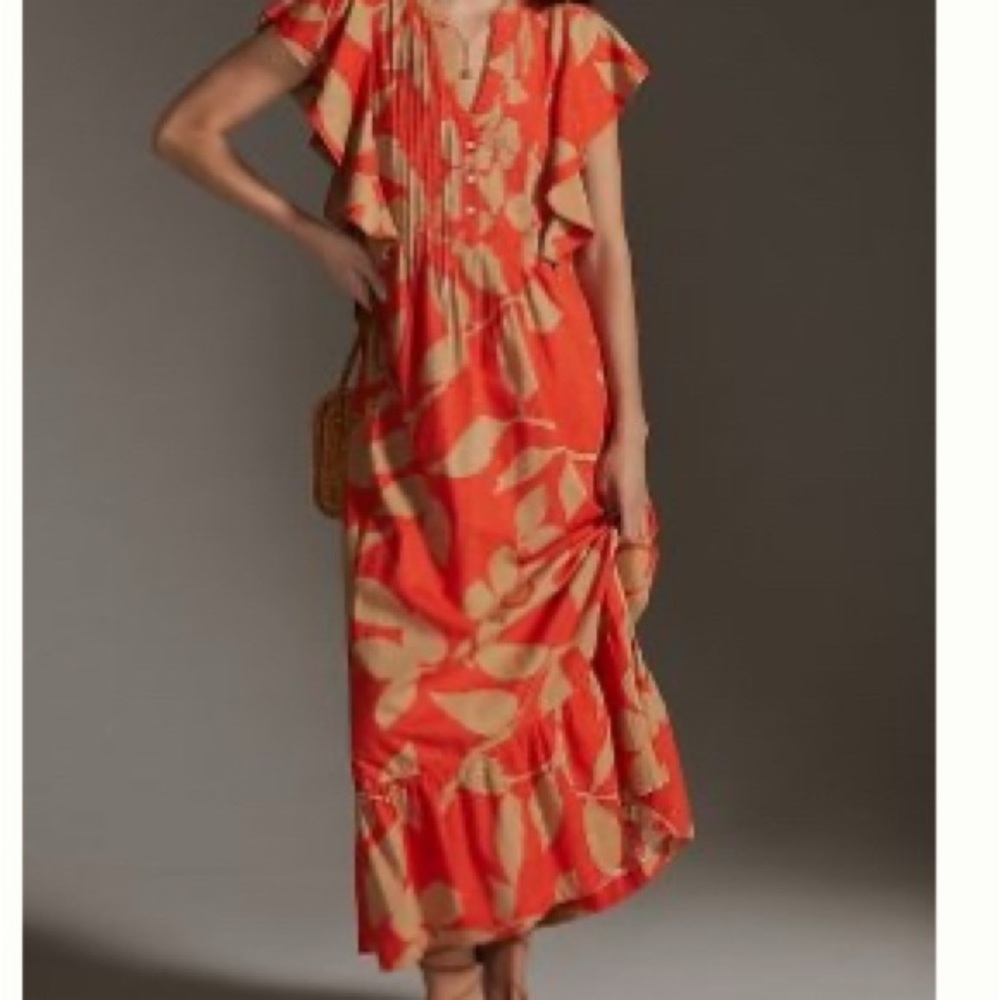 Anthropologie Orange and Tan Floral Maxi Dress